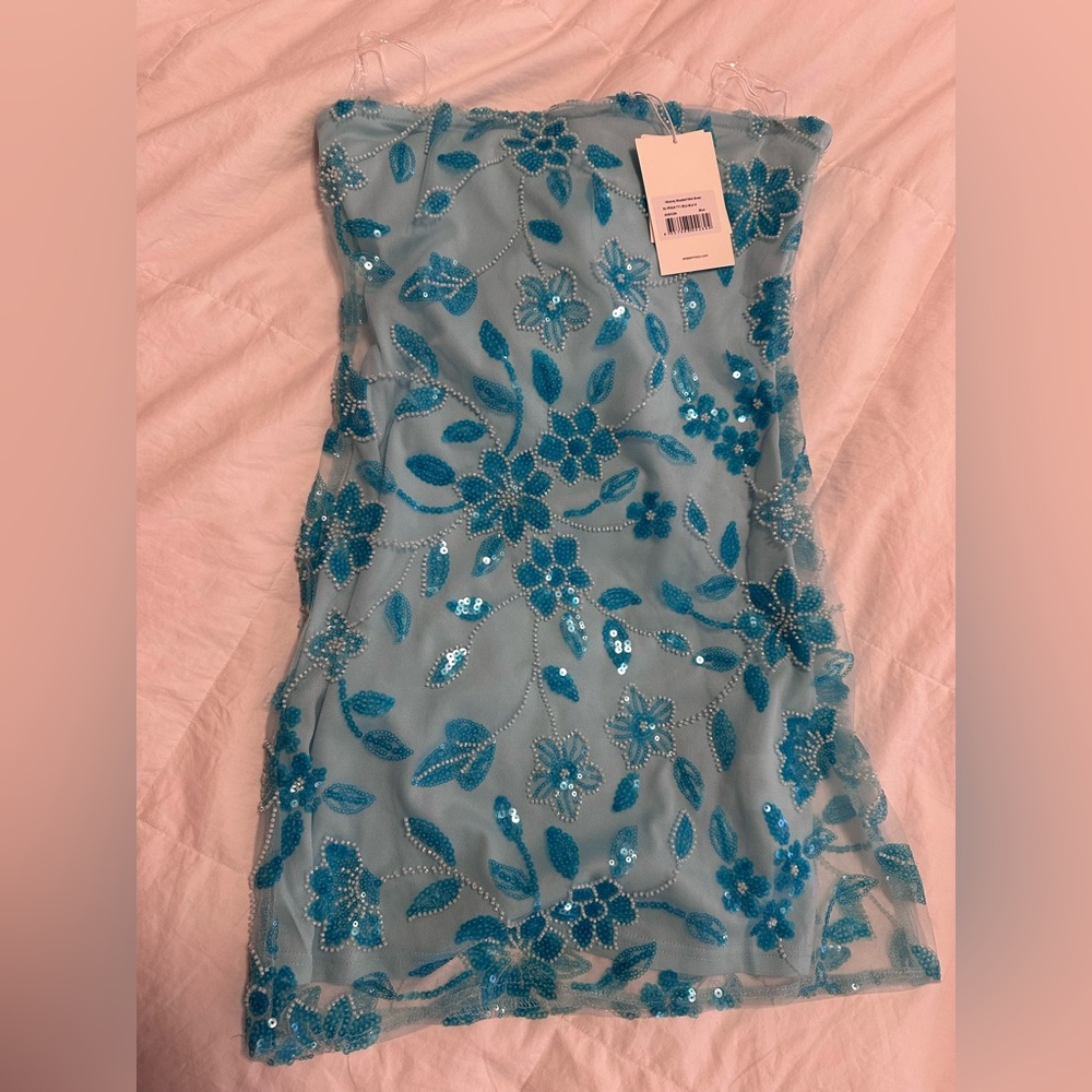 Peppermayo Strapless Aqua Blue Sequin Floral Mini Dress